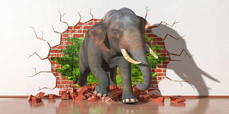 elephant emerging from a fault in the wall, 3d illustrationの写真素材