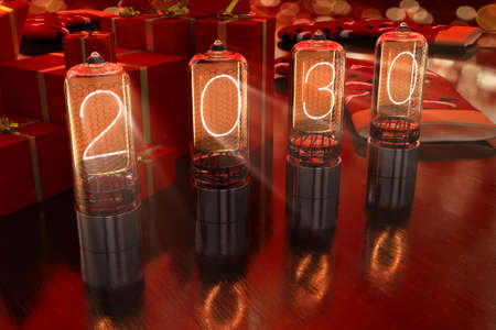 year 2030 is displayed on old television incandescent lamps on the New Year's red background, 3d illustrationの写真素材