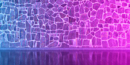 interior with a stone wall for the whole frame in neon light, 3d illustrationの写真素材
