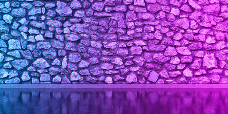 interior with a stone wall for the whole frame in neon light, 3d illustrationの写真素材
