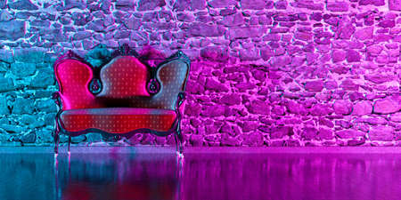 antique sofa against the background of a brick wall in neon lighting, 3d illustration