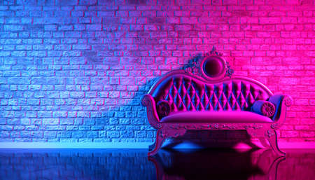 retro sofa on the background of an old brick wall in the enon light, 3d illustration