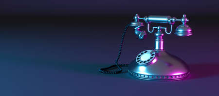 dark retro phone on a black background in neon light, 3d illustrationの写真素材