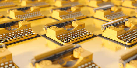 many yellow retro typewriters on a yellow background, 3d illustrationの写真素材
