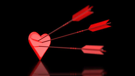 red heart with three arrows on a black background, 3d illustration