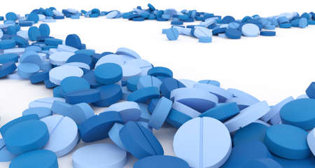 path filled with blue pills on a white background, 3d illustrationの写真素材