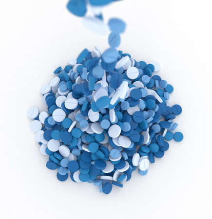 big pile of blue pills on white background close up, 3d illustrationの写真素材