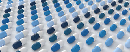 even rows of blue pills on a white background, 3d illustrationの写真素材