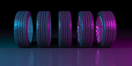 black wheels on a black background in neon lighting, 3d illustration