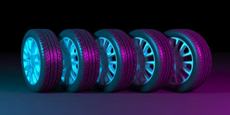 black wheels on a black background in neon lighting, 3d illustration