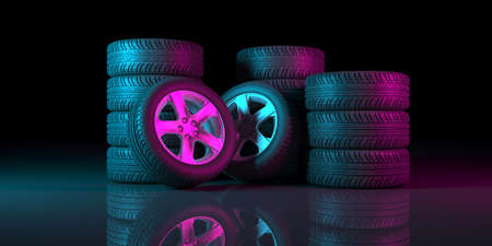 black wheels on a black background in neon lighting, 3d illustrationの写真素材