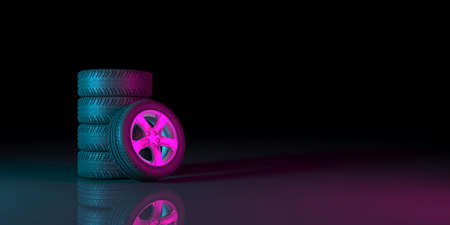 black wheels on a black background in neon lighting, 3d illustrationの写真素材