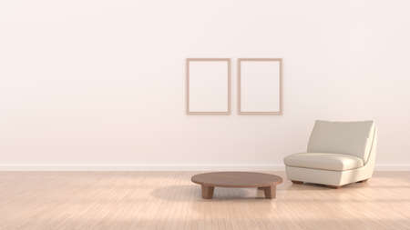 Empty posters frames mock up in beige interior, illuminated by light from the window, 3d...