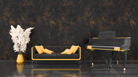black interior with a black and yellow grand piano and a sofa, 3d illustration