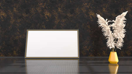 black interior with black and yellow frames for mockup, 3d illustration