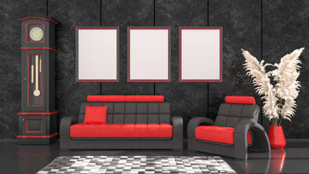 black interior with modern black and red sofa and frames for mockup, 3d illustration