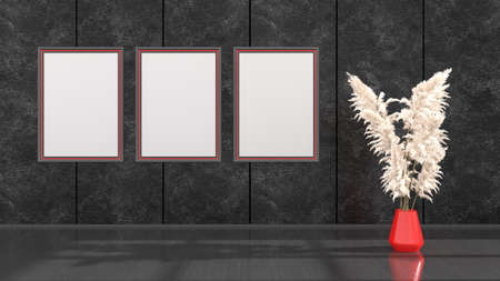 black interior with black and red frames for mockup, 3d illustration