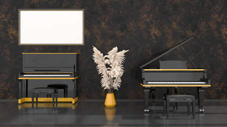 black interior with black and yellow piano, grand piano and frame for mockup, 3d illustration