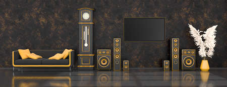 black interior with modern design black and yellow speaker system, antique clock and TV, 3d...