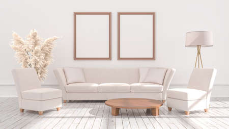 Empty posters frames mock up in beige interior, illuminated by light from the window, 3d...