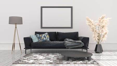 Empty posters frames mock up in white interior, illuminated by light from the window, 3d...