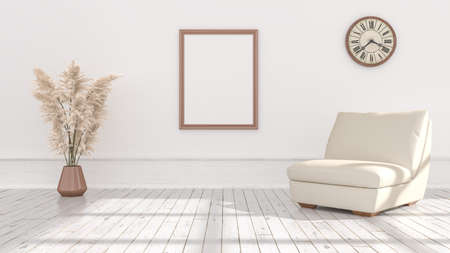 Empty posters frames mock up in beige interior, illuminated by light from the window, 3d...