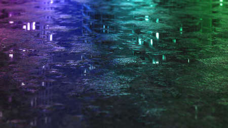raindrops falling on the asphalt creating ripples in puddles, 3d illustration