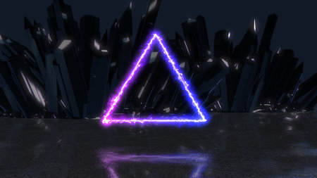 neon energy ray in the shape of a triangle on a background of crystals, 3d illustrationの写真素材
