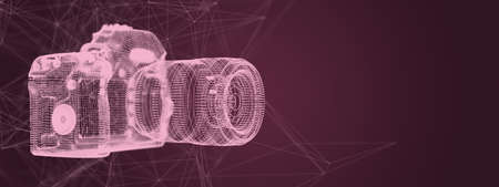 camera in the form of a three-dimensional grid on a purple background, 3d illustration