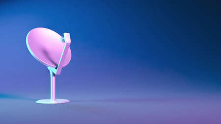 satellite dish close up in neon blue and purple lighting, 3d illustration