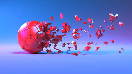 red soccer ball breaking into small pieces in neon lighting, 3d illustrationの写真素材