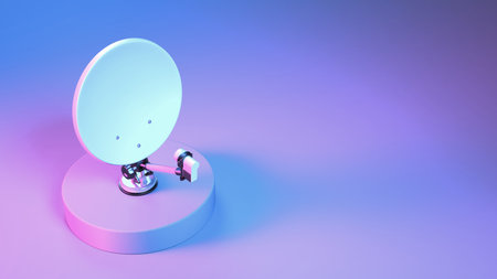 satellite dish close up in neon blue and purple lighting, 3d illustration