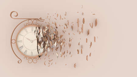 half destroyed clock with fragments flying off, 3d illustration