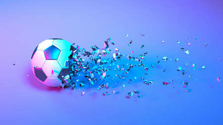 soccer ball falling into small pieces in neon lighting, 3d illustrationの写真素材