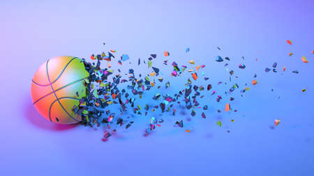 basketball ball falling into small pieces in neon lighting, 3d illustration