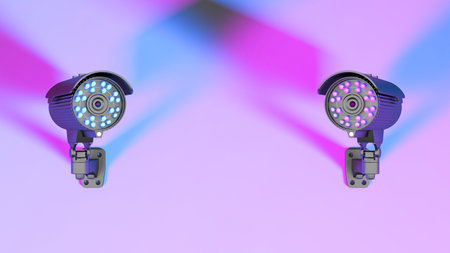 two cctv cameras in neon purple lighting, 3d illustrationの写真素材