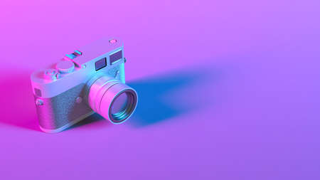 camera in purple neon lighting close up, 3d illustrationの写真素材