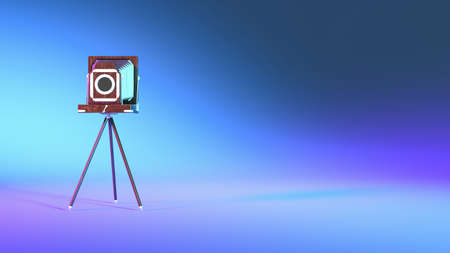 retro photo camera in purple neon lighting close up, 3d illustrationの写真素材