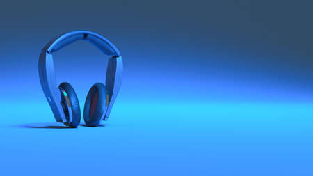 headphones in blue neon lighting close up, 3d illustration