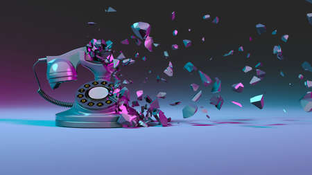 landline phone in purple neon lighting falling into small parts, 3d illustrationの写真素材