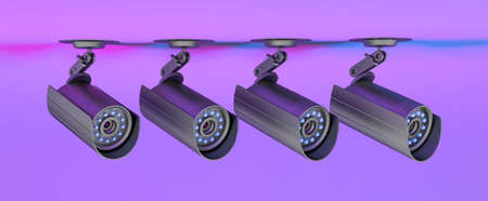 set of cctv cameras in neon purple lighting, 3d illustration