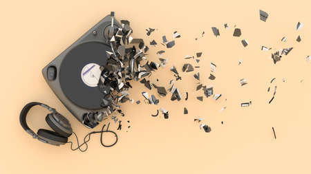 half destroyed turntable with fragments flying off, 3d illustrationの写真素材