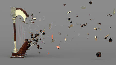 half destroyed harp with flying fragments, 3d illustration
