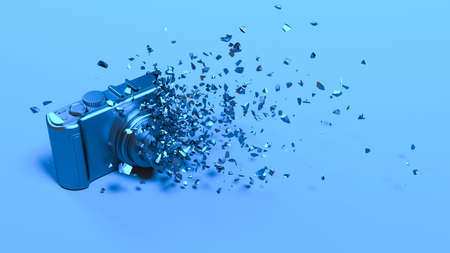 camera in blue neon lighting falling into small parts, 3d illustrationの写真素材