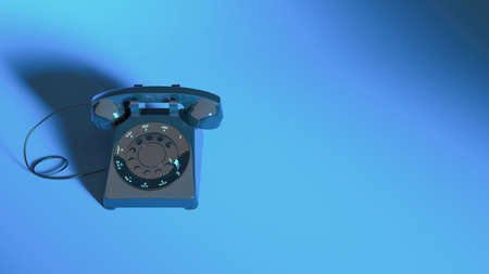 landline phone in blue neon lighting close up, 3d illustrationの写真素材