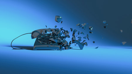 landline phone in blue neon lighting falling into small parts, 3d illustrationの写真素材