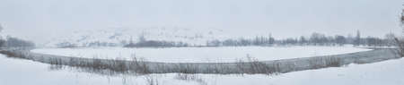 beautiful winter countryside panoramic landscape with river views