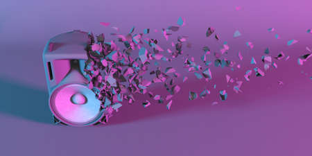 powerful loudspeaker falling apart into small parts, 3d illustration