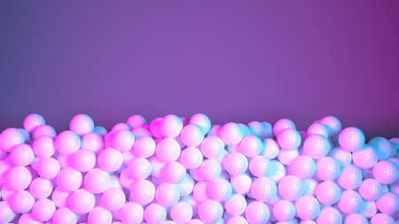 big pile of golf balls in neon light, 3d illustrationの写真素材