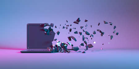 laptop in neon light falling apart into small parts, 3d illustration